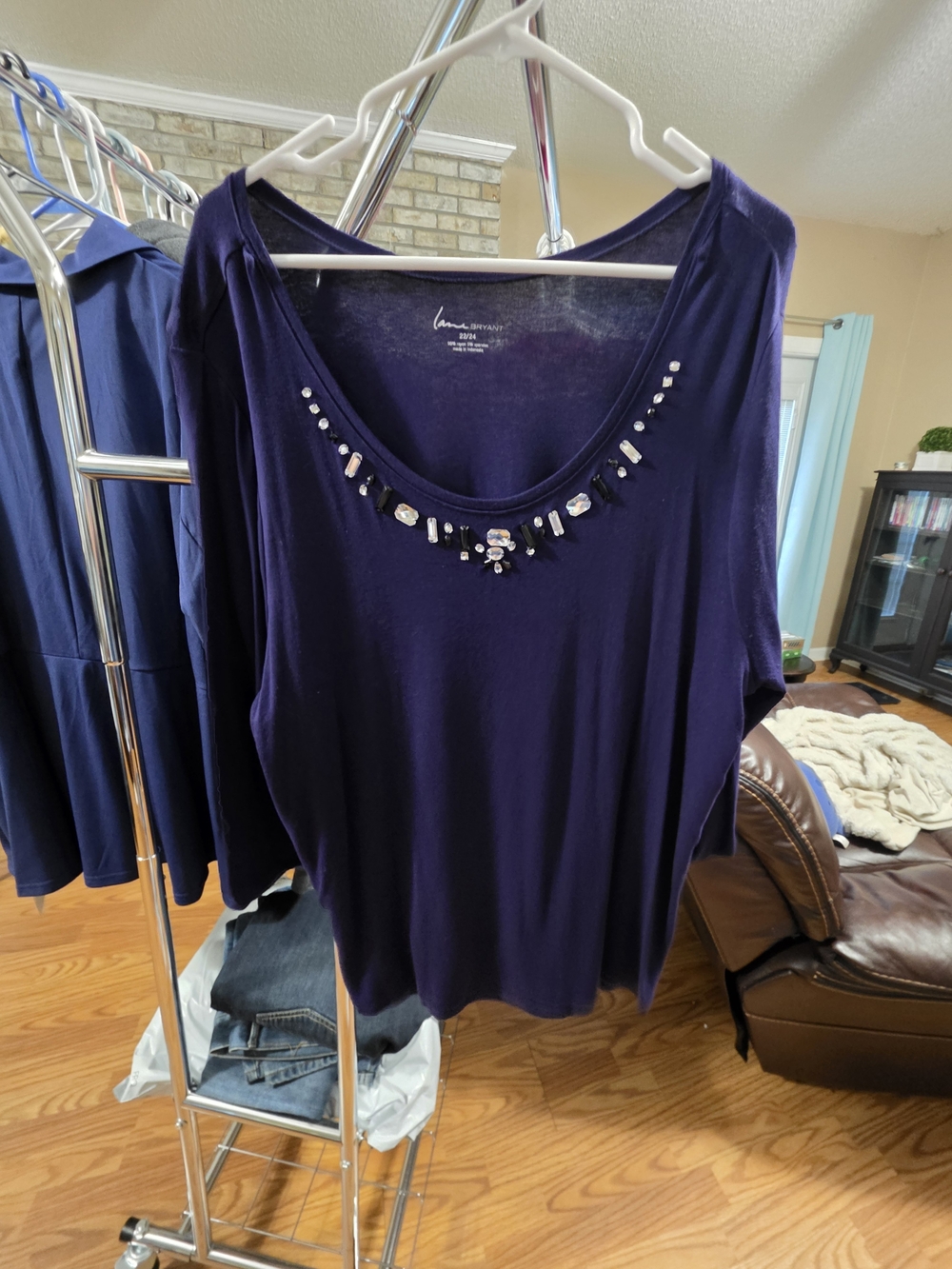 Lane Bryant Navy Scoop Neck Top with Bead Embellishment